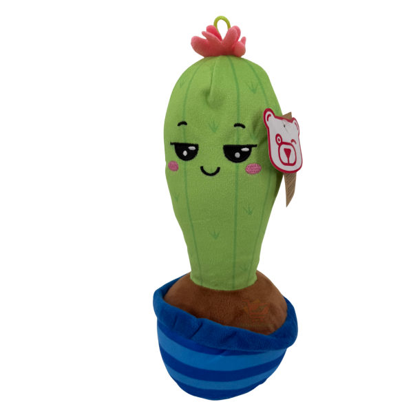 Langer Plüsch Kaktus im Topf ca. 22 cm mit frechem Blick, rosa Bäckchen und roter Blüte im blau gestreiften Topf – witzige Deko zum Kuscheln.